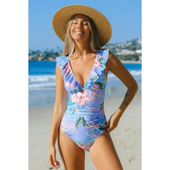 Cupshe Swimsuit Floral Flutter Tropical Ruffle One Piece NWT XL Boho Cottage - Picture 1 of 5